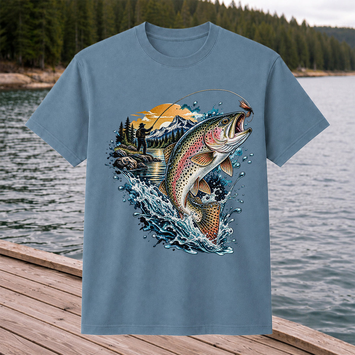 Leaping Rainbow Trout Mountain River Fly Fishing Graphic T-Shirt