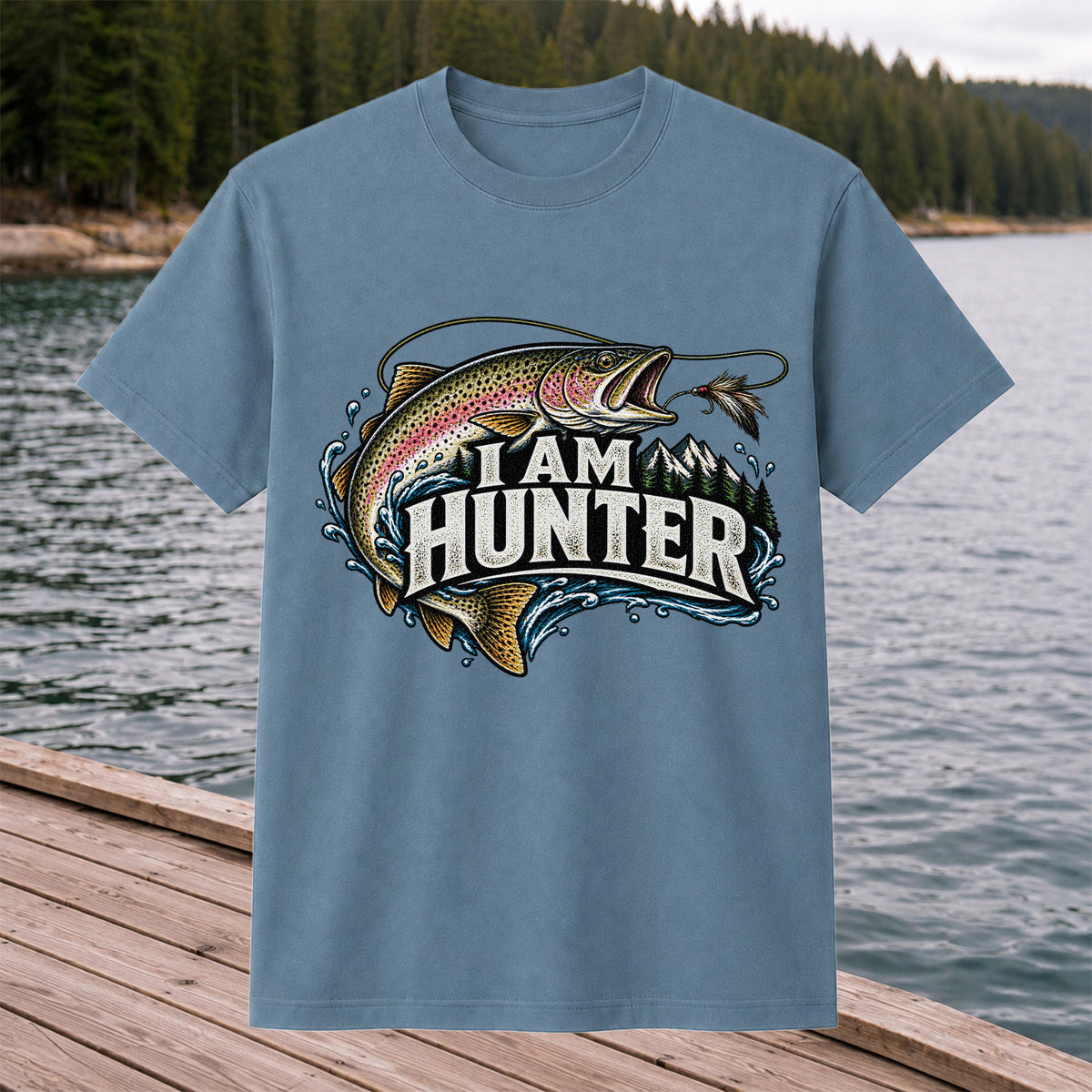 I Am Hunter Rainbow Trout Fly Fishing Mountain Graphic T-Shirt