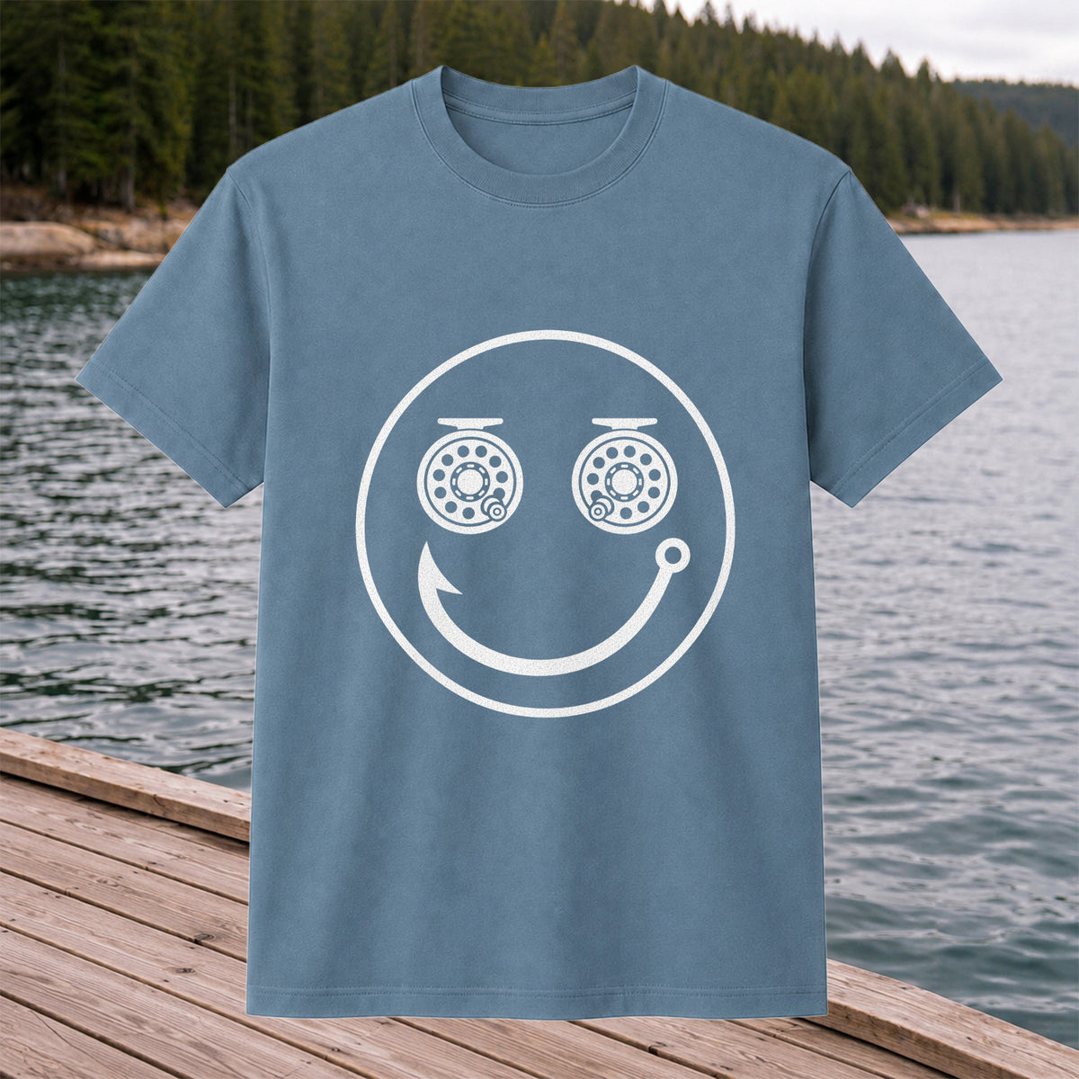 Fishing Reel Eyes Smiley Face Minimalist Graphic T-Shirt