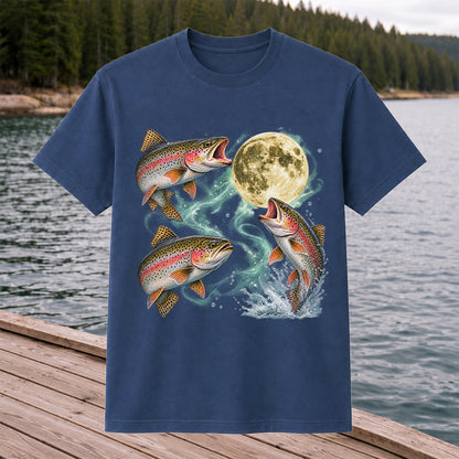 Rainbow Trout Under the Full Moon Fishing Graphic T-Shirt