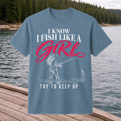 Funny Woman Fishing Graphic T-Shirt with Line Art Design