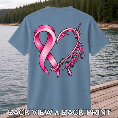 Pink Ribbon Heart Fish Hook Fishing Graphic T-Shirt | Back Print