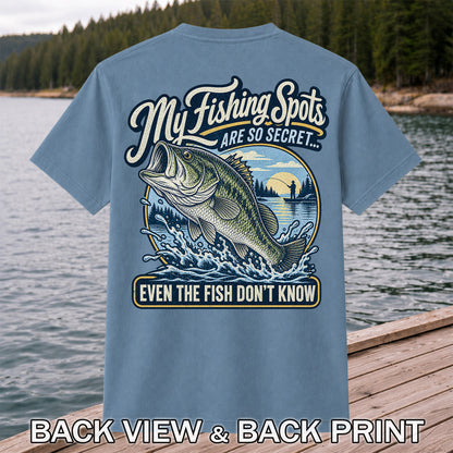 Secret Fishing Spots Largemouth Bass Graphic T-Shirt | Back Print