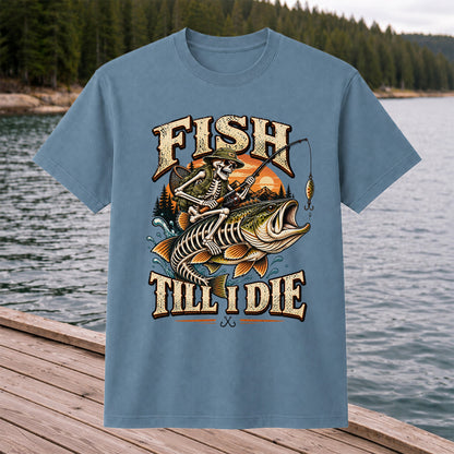 Fish Till I Die Skeleton Riding a Largemouth Bass Fishing T-Shirt