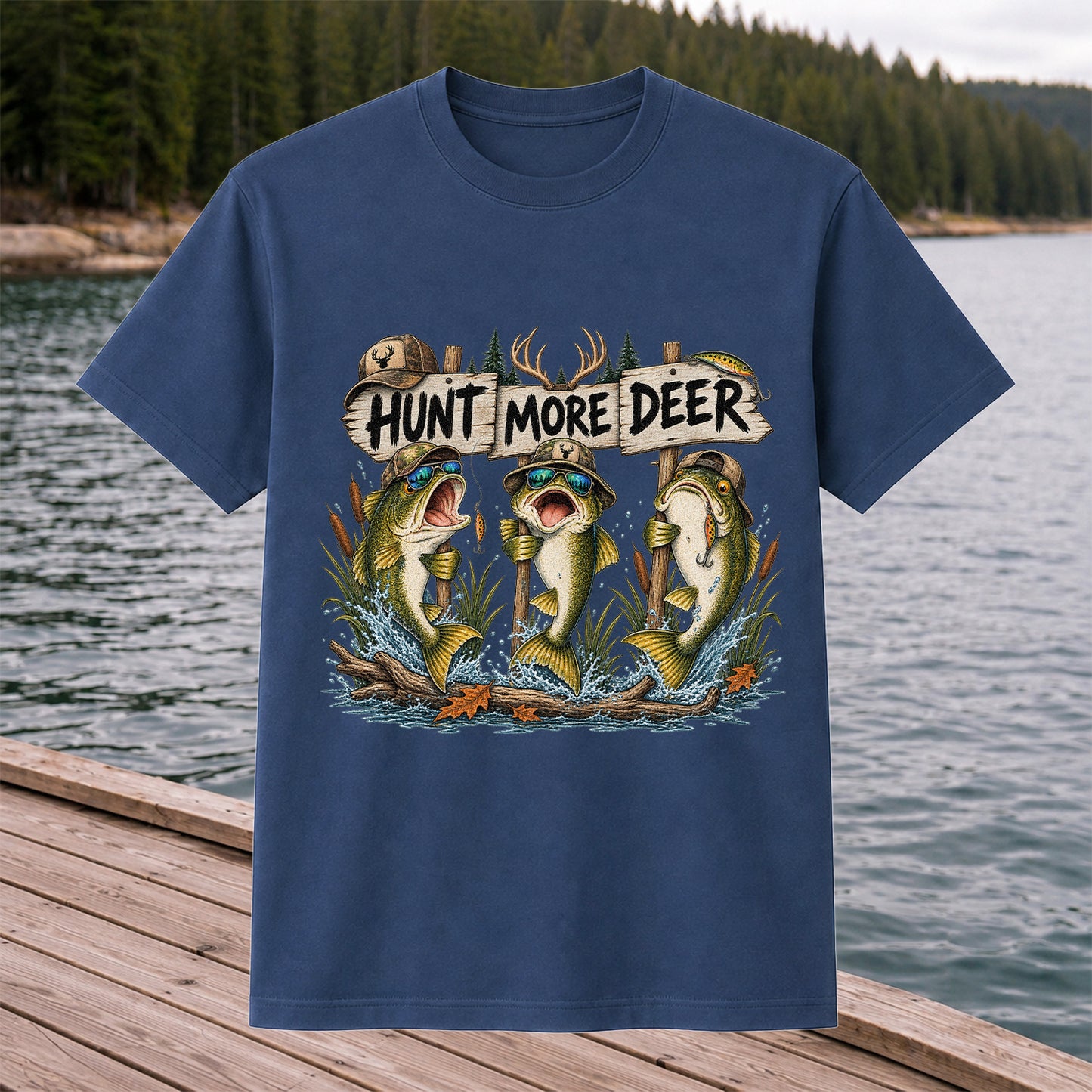 Hunt More Deer Funny Bass Fishing Graphic T-Shirt