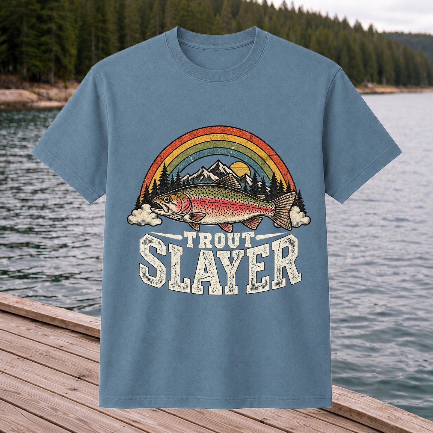 Trout Slayer Rainbow Trout Mountain Sunset Fishing T-Shirt