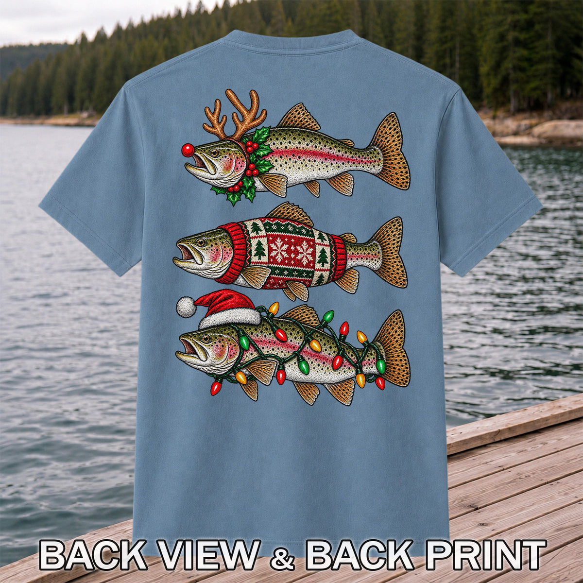 Christmas Trout Antlers Sweater and Lights Fishing T-Shirt | Back Print