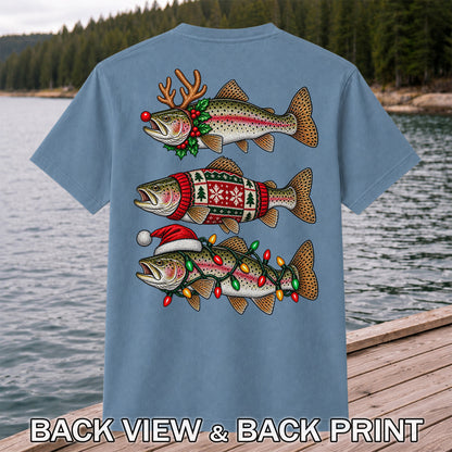 Christmas Trout Antlers Sweater and Lights Fishing T-Shirt | Back Print