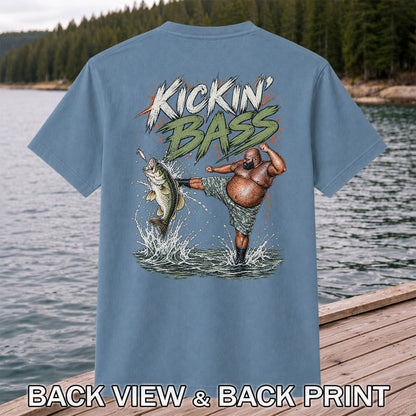 Kickin' Bass Funny Bass Fishing Graphic T-Shirt | Back Print