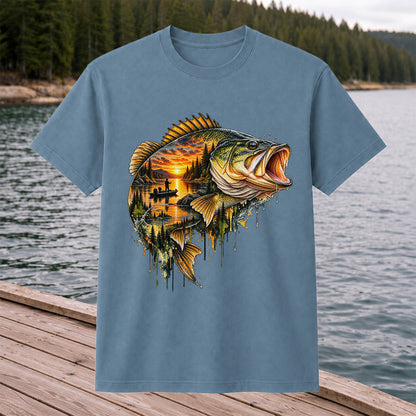 Largemouth Bass Sunset Lake Landscape Fishing Graphic T-Shirt