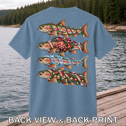 Christmas Rainbow Trout with Holiday Lights Fishing Graphic T-Shirt | Back Print