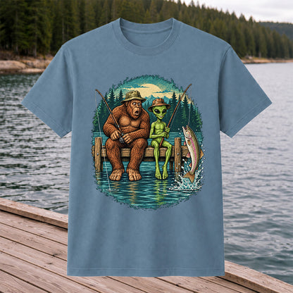 Bigfoot and Alien Fishing on a Dock with Rainbow Trout Graphic T-Shirt