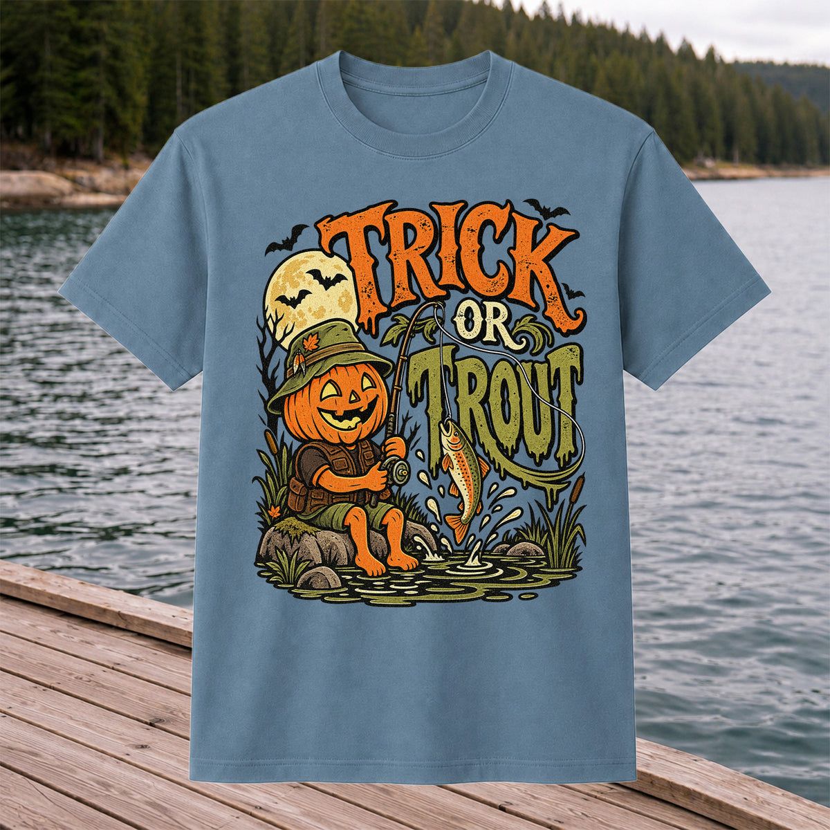 Trick or Trout Pumpkin Angler Halloween Fishing T-Shirt