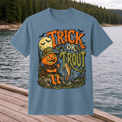 Trick or Trout Pumpkin Angler Halloween Fishing T-Shirt