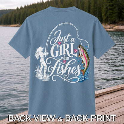 Just a Girl Who Fishes Rainbow Trout and Female Angler Fishing T-Shirt | Back Print