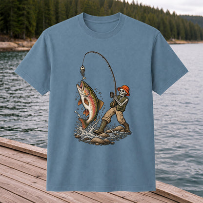 Skeleton Angler Catching Trout Dark Humor Fishing T-Shirt