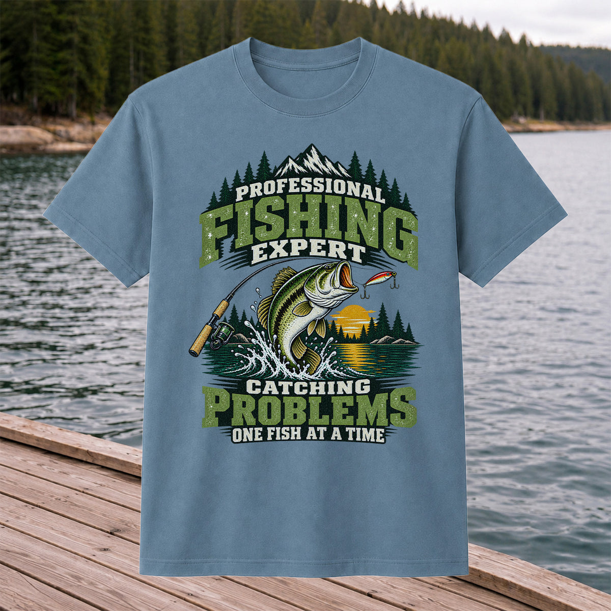 Professional Fishing Expert Catching Problems One Fish at a Time Bass T-Shirt