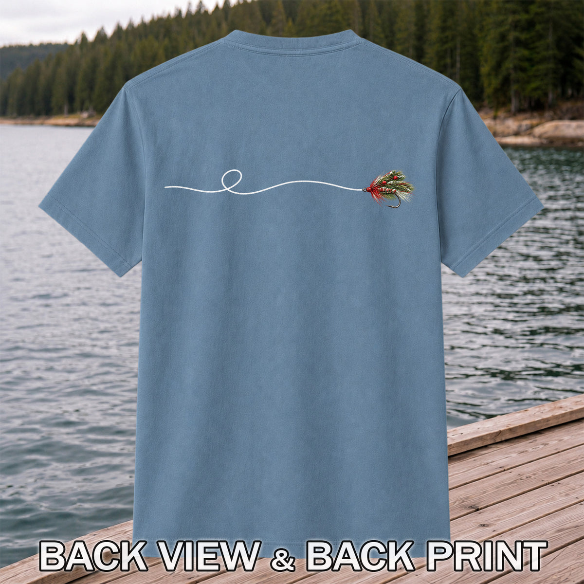 Festive Fly Fishing Lure and Line Graphic T-Shirt | Back Print