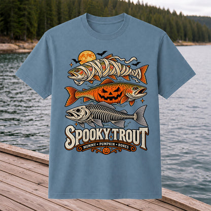 Spooky Trout Mummy Pumpkin Bones Halloween Fishing T-Shirt