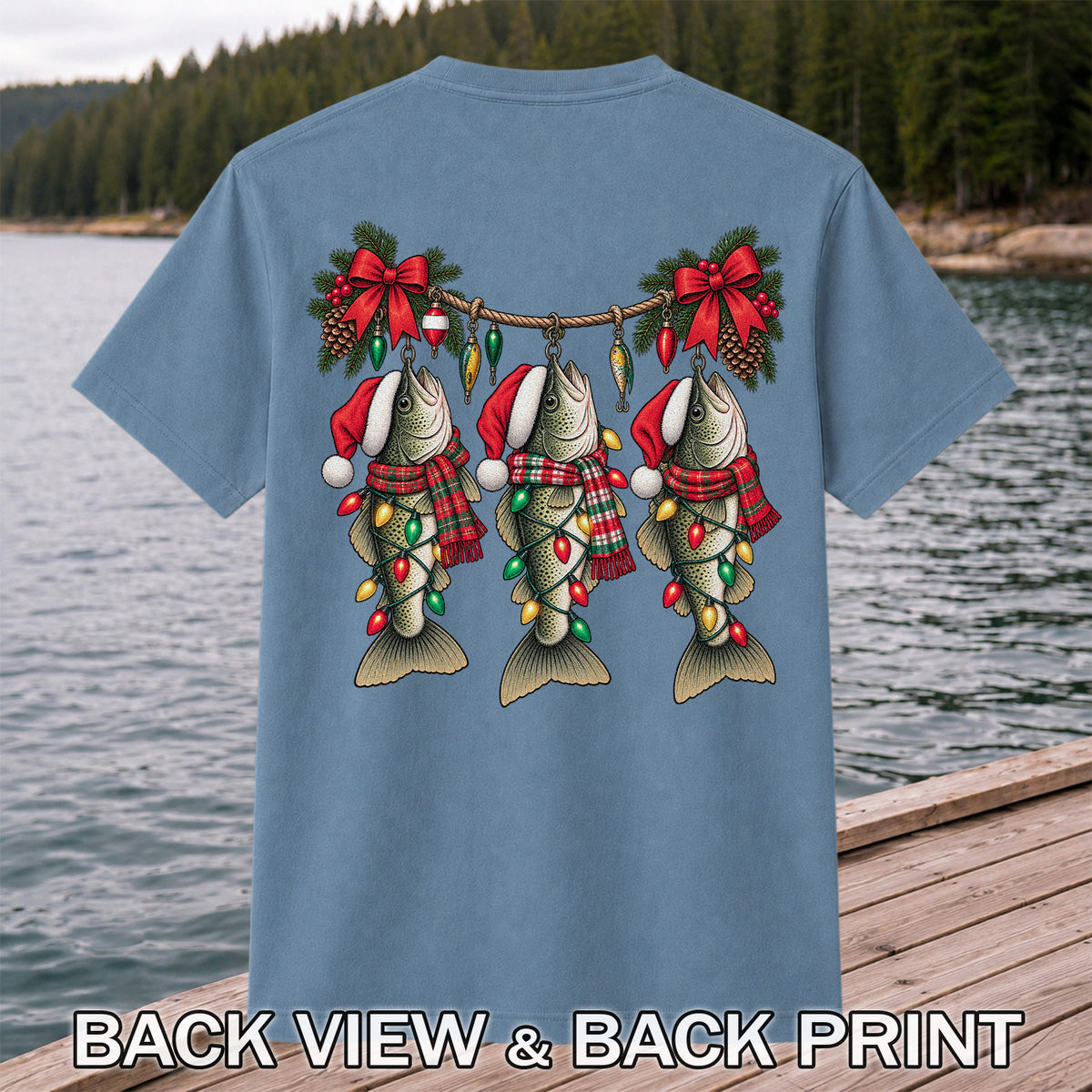 Christmas Fish Ornament Fishing Graphic T-Shirt | Back Print