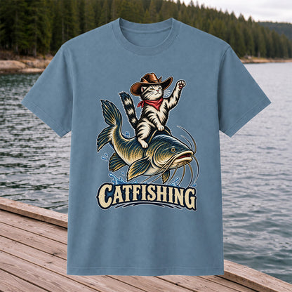 Catfishing Cowboy Cat Riding a Catfish Graphic T-Shirt