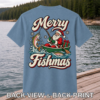 Merry Fishmas Santa Catching Rainbow Trout in a Boat Fishing T-Shirt | Back Print