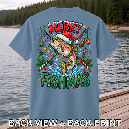 Merry Fishmas Santa Trout Christmas Fishing Graphic T-Shirt | Back Print