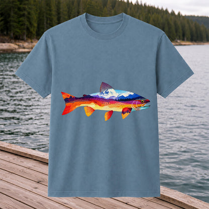 Mountain Sunset Trout Silhouette Fishing Graphic T-Shirt