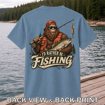 Bigfoot Holding Trout Funny Fishing Graphic T-Shirt | Back Print