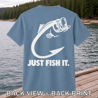 Just Fish It Bass and Fishing Hook Graphic T-Shirt | Back Print