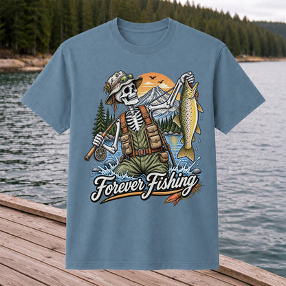 Forever Fishing Skeleton Angler Holding Brown Trout Graphic T-Shirt