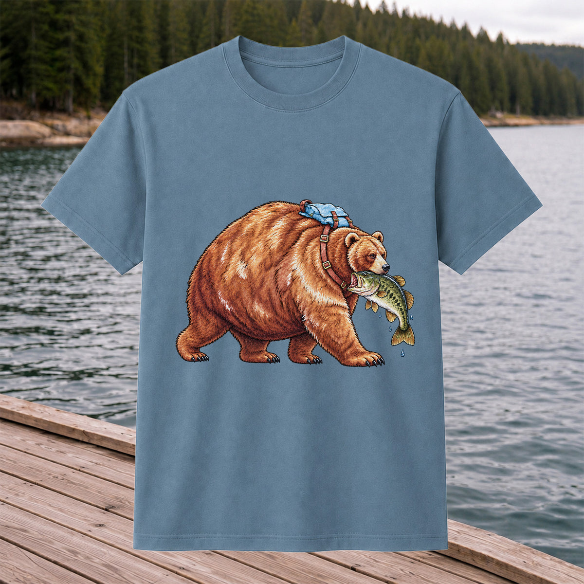 Bear Carrying Bass Fishing Wildlife Graphic T-Shirt