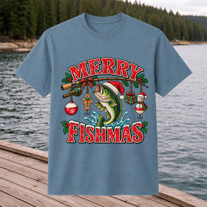 Merry Fishmas Santa Bass Christmas Fishing Graphic T-Shirt