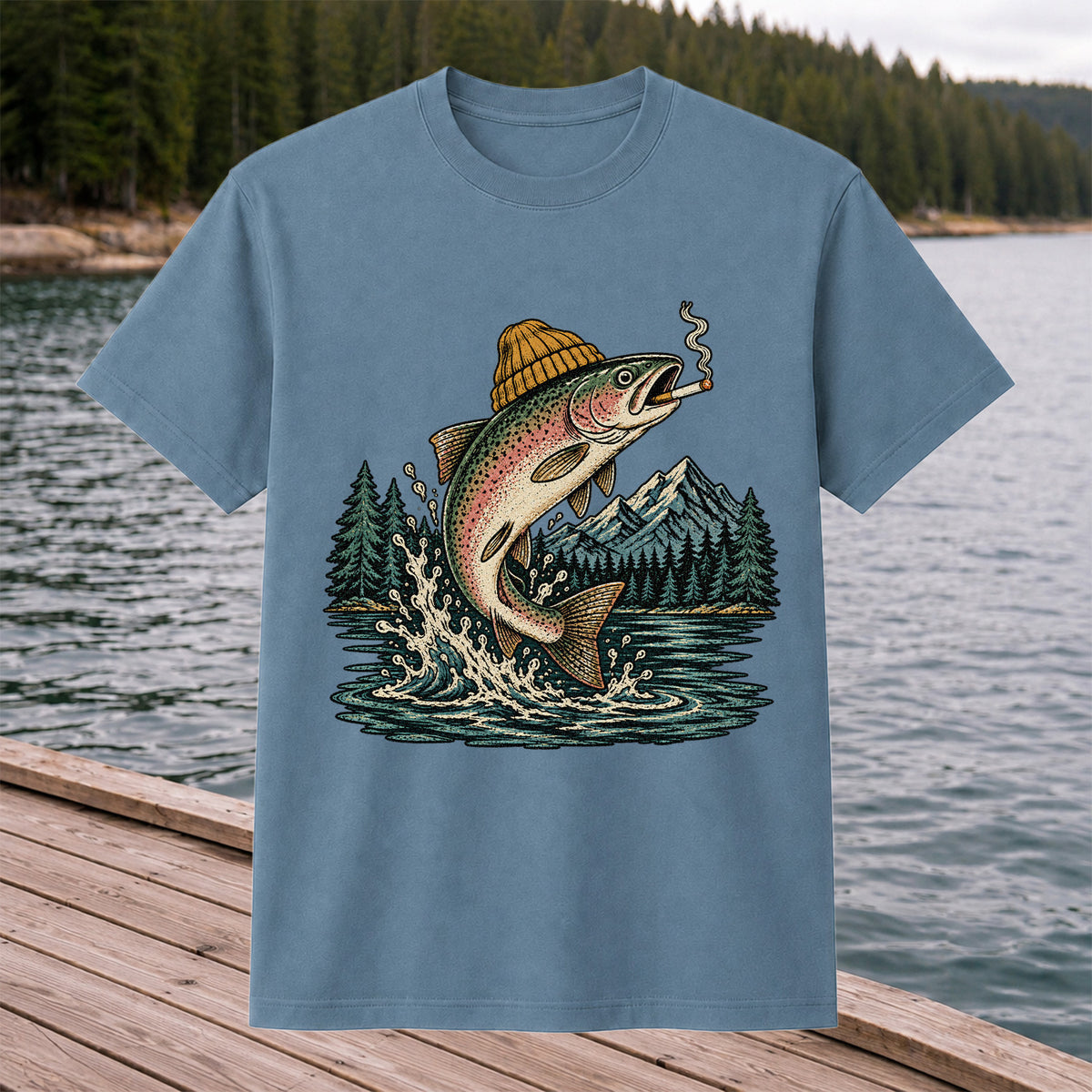 Rainbow Trout in Beanie Smoking and Jumping from Lake Graphic T-Shirt