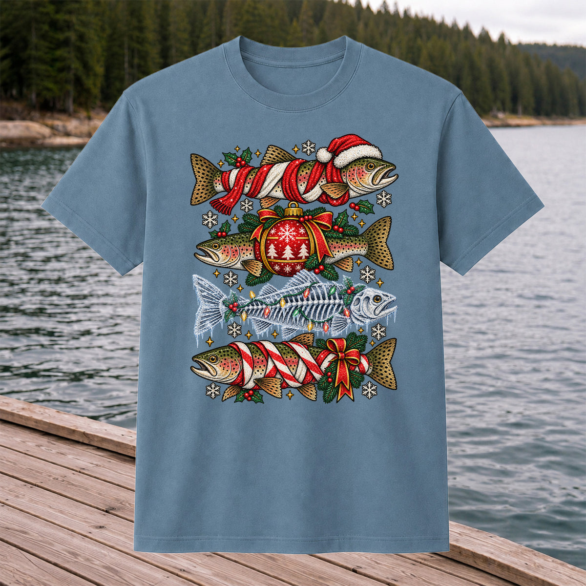 Christmas Rainbow Trout and Fish Skeleton Fishing Graphic T-Shirt