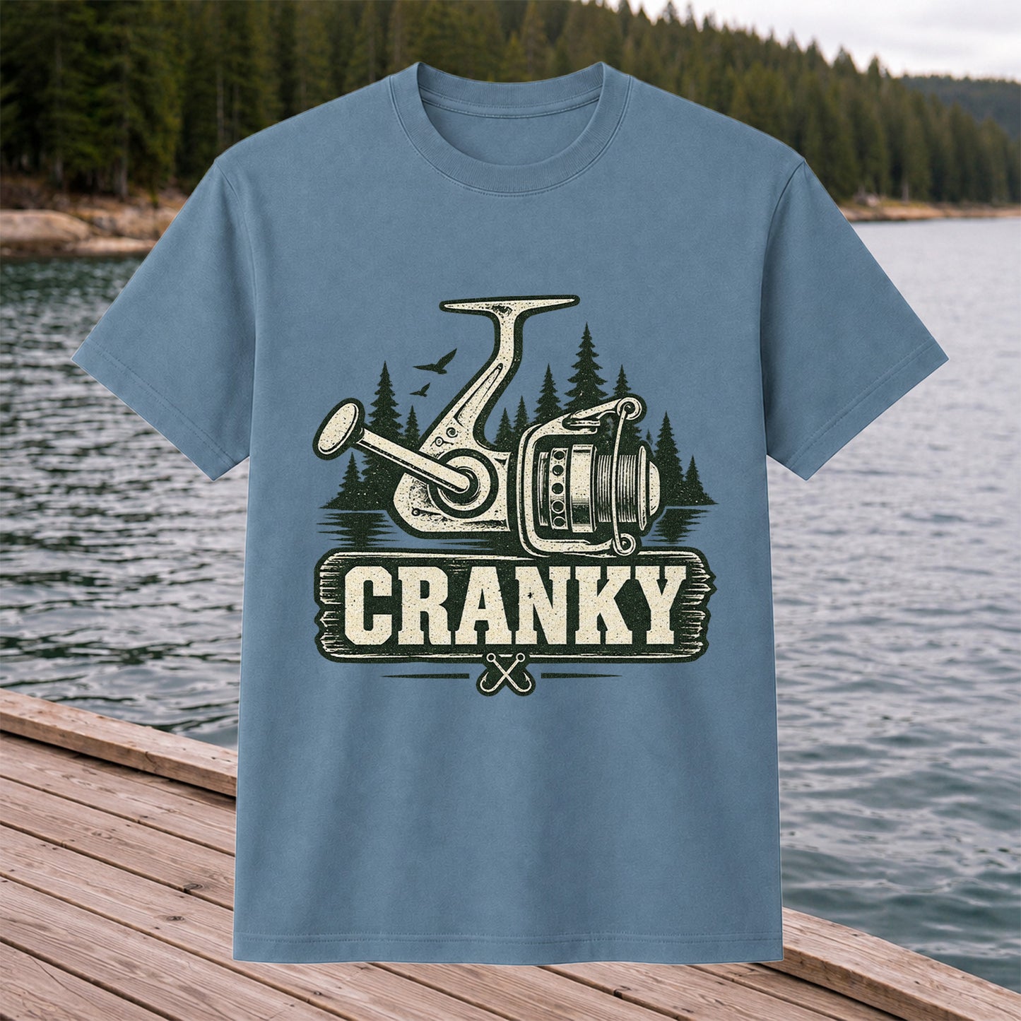 Cranky Vintage Spinning Reel Fishing Graphic T-Shirt