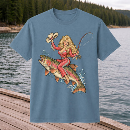 Cowgirl Riding a Rainbow Trout Western Fishing Graphic T-Shirt