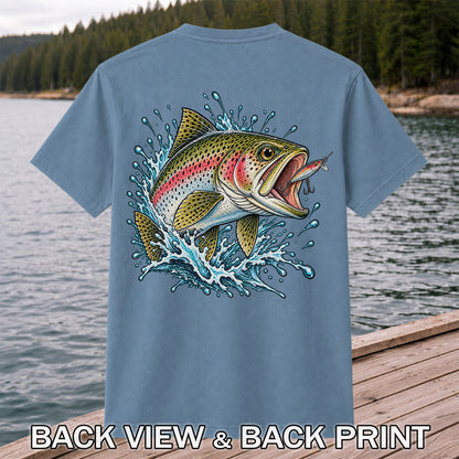 Rainbow Trout Striking a Fishing Lure Graphic T-Shirt | Back Print
