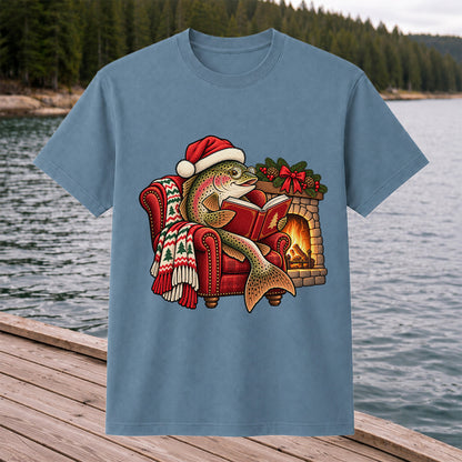 Christmas Trout Reading by the Fireplace Fishing T-Shirt