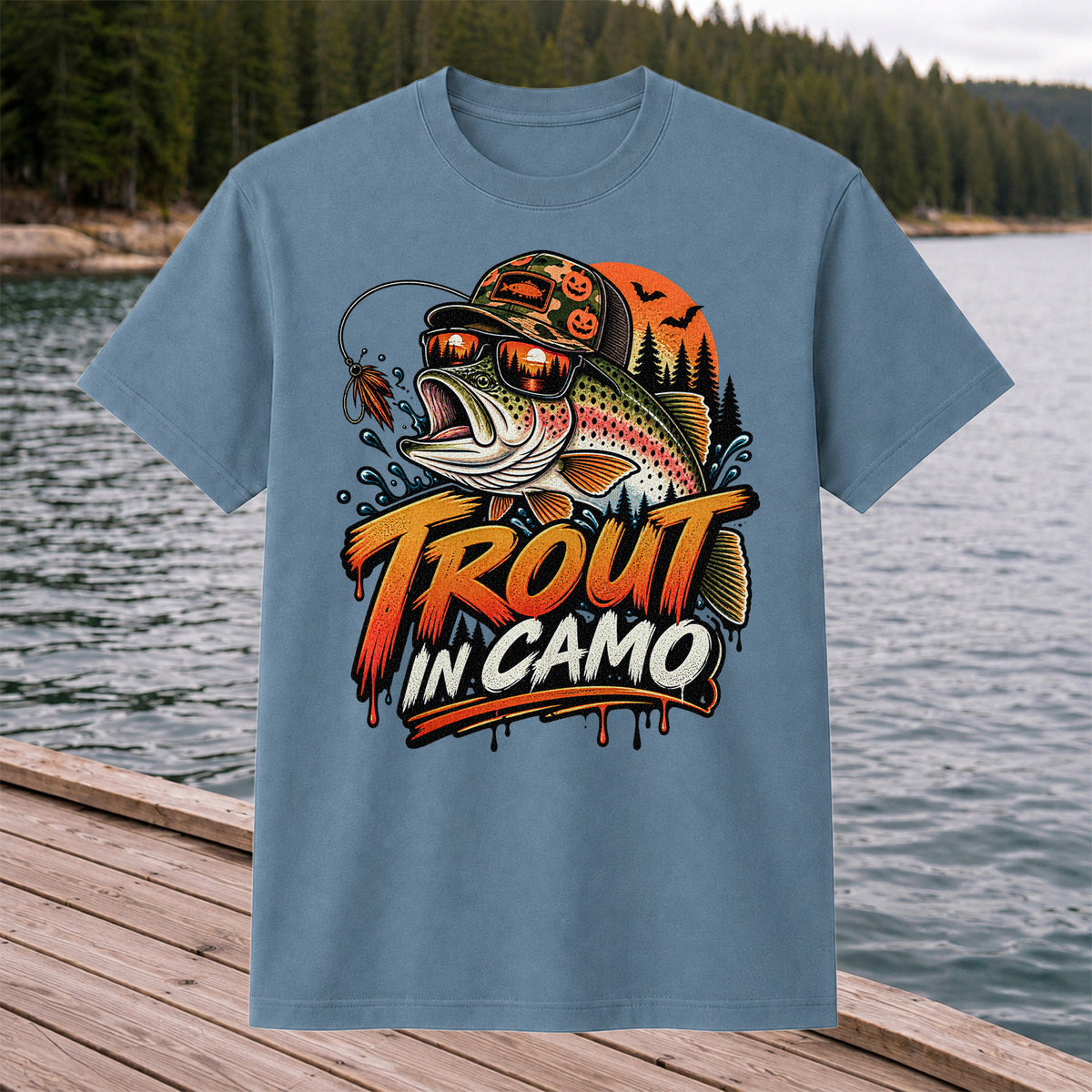 Trout in Camo Halloween Rainbow Trout Fishing Graphic T-Shirt