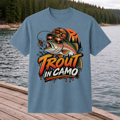 Trout in Camo Halloween Rainbow Trout Fishing Graphic T-Shirt