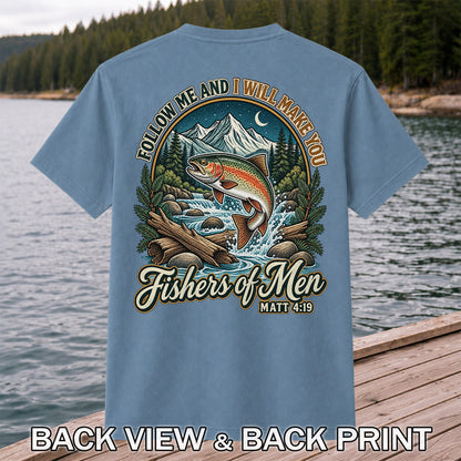 Follow Me and I Will Make You Fishers of Men Matt 4:19 Rainbow Trout Mountain River Fishing T-Shirt | Back Print