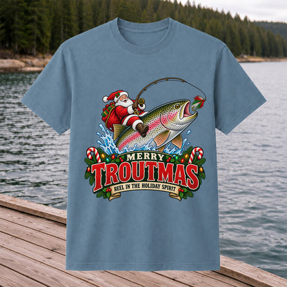 Merry Troutmas Reel in the Holiday Spirit Santa Riding Rainbow Trout Christmas Fishing T-Shirt