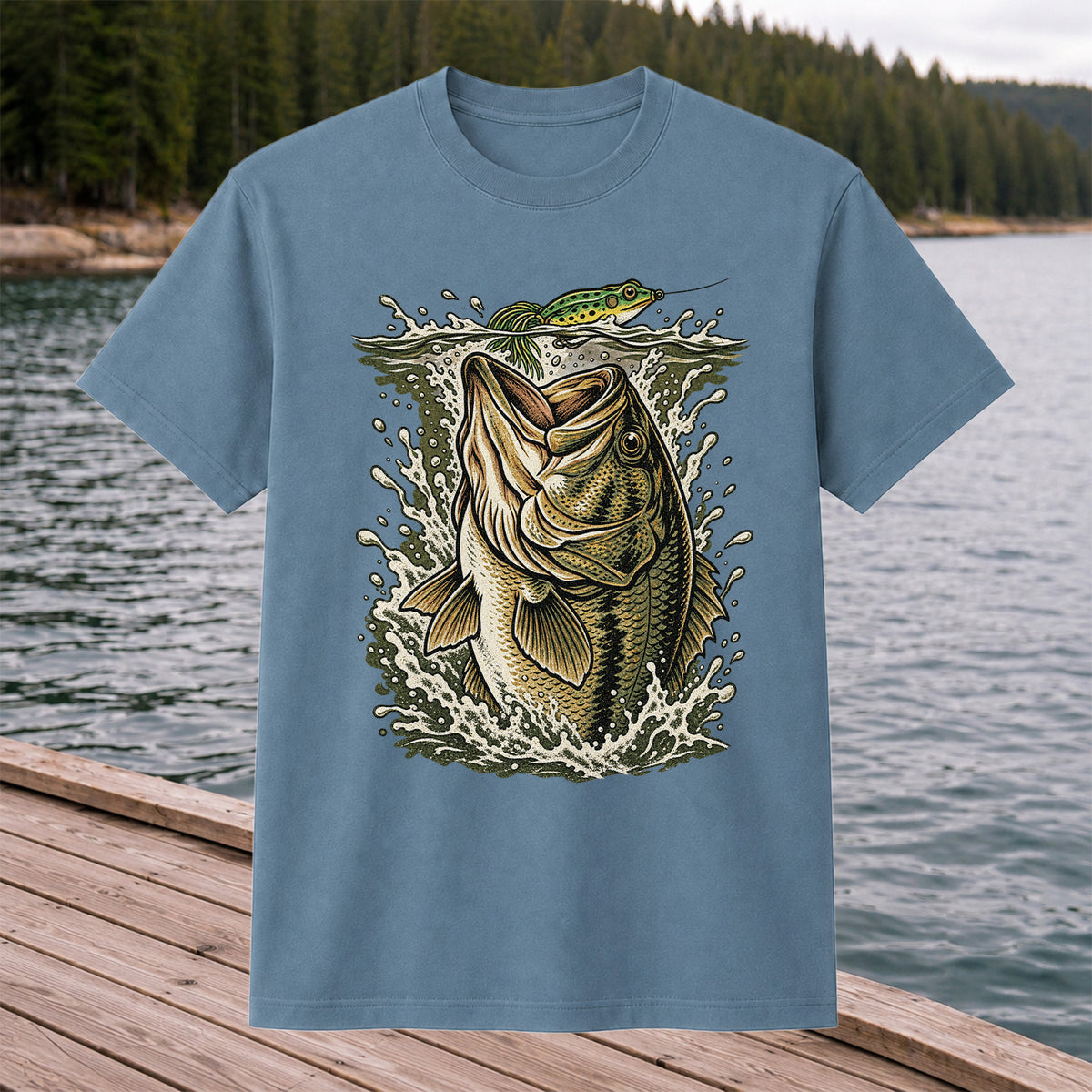 Largemouth Bass Striking a Frog Lure Fishing Graphic T-Shirt