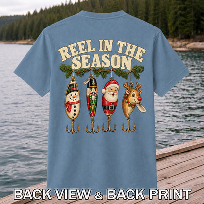 Reel in the Season Christmas Fishing Lures Graphic T-Shirt | Back Print