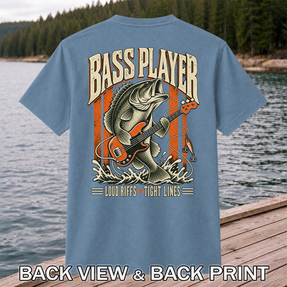 Bass Playing Guitar Vintage Fishing Graphic T-Shirt | Back Print