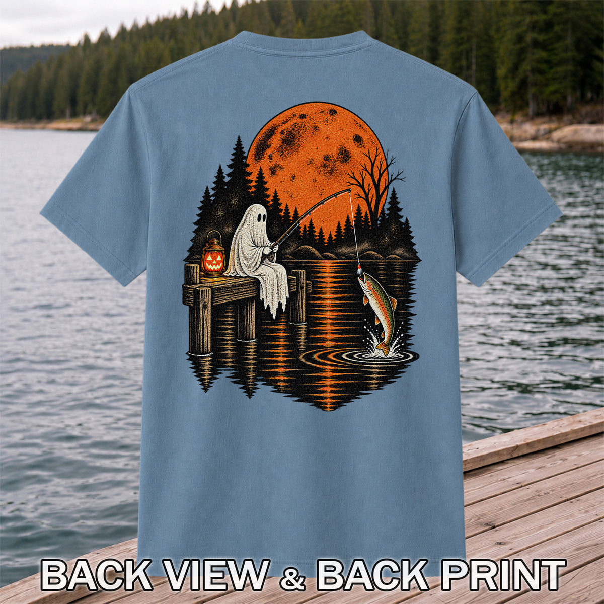 Ghost Fishing for Rainbow Trout Under an Orange Moon Halloween T-Shirt | Back Print