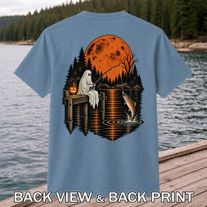 Ghost Fishing for Rainbow Trout Under an Orange Moon Halloween T-Shirt | Back Print
