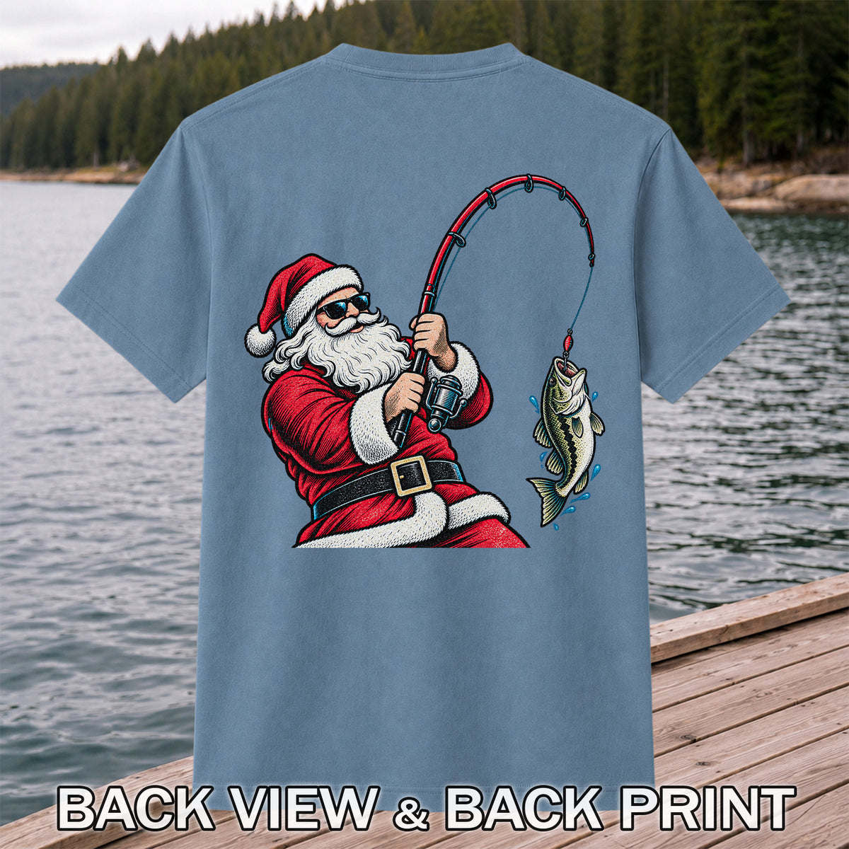 Santa Claus Catching a Bass Christmas Fishing Graphic T-Shirt | Back Print