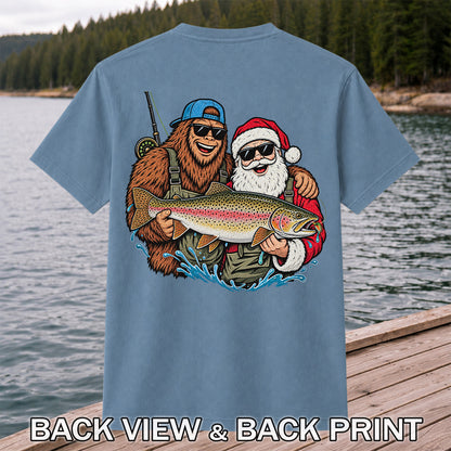 Bigfoot and Santa Holding Rainbow Trout Christmas Fishing Graphic T-Shirt | Back Print